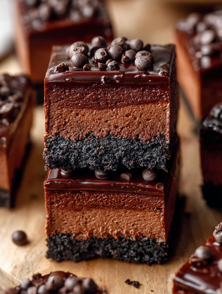 A slice of chocolate cheesecake bars.