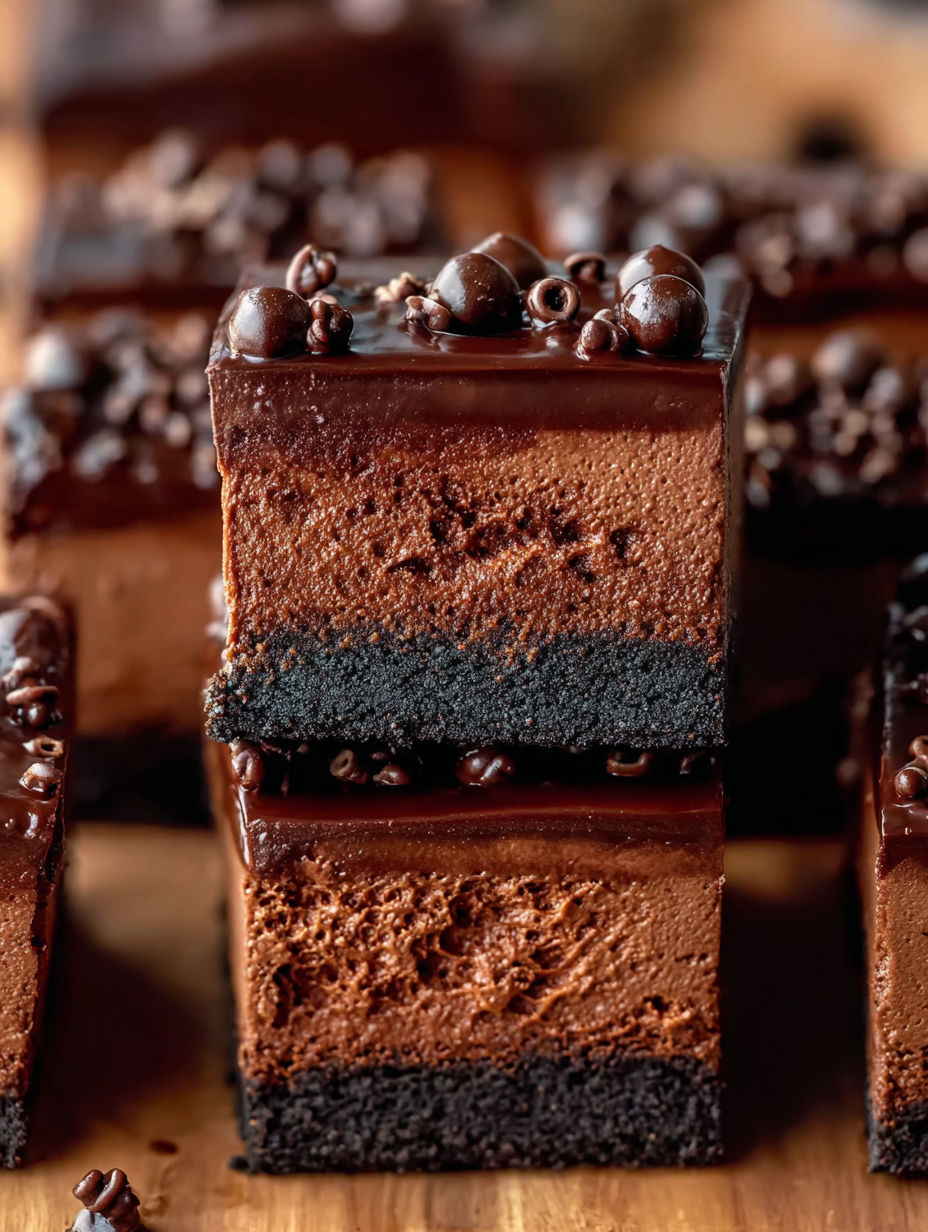 Chocolate cheesecake bars with chocolate drizzle.