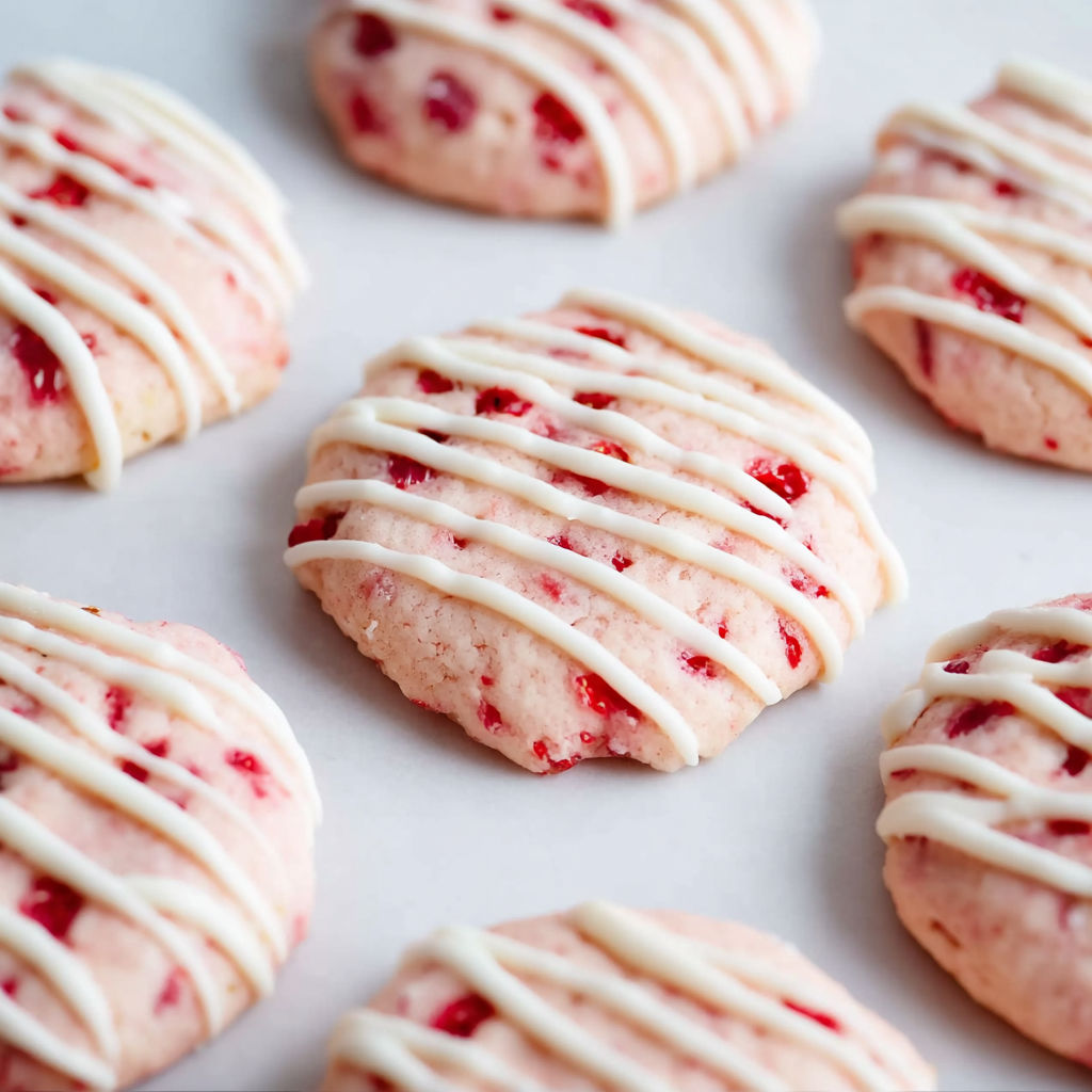 A plate of cookies with white icing and red jelly.