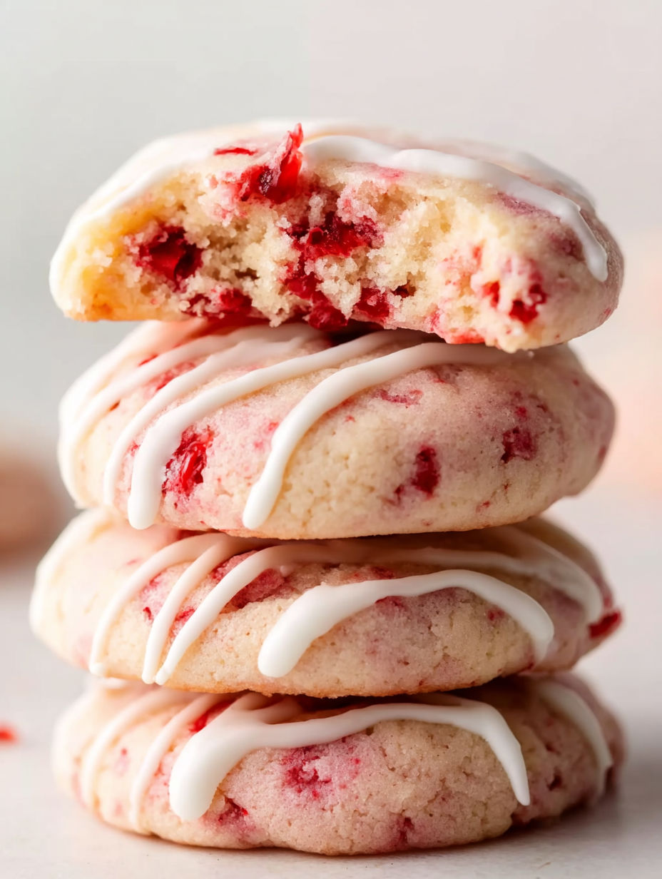 A stack of cookies with white frosting and red jam.
