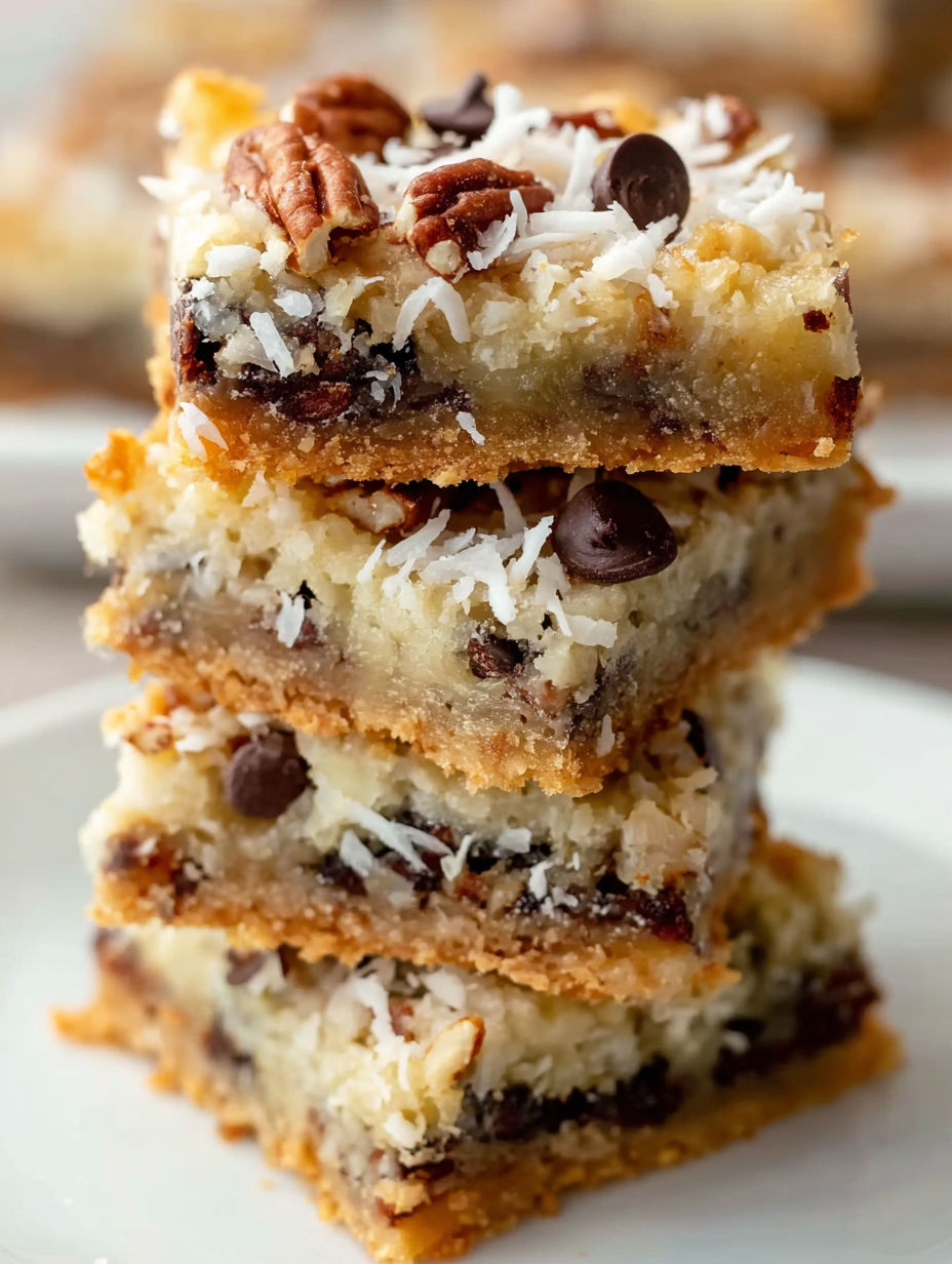 A stack of chocolate chip and coconut Magic Cookie Bars.