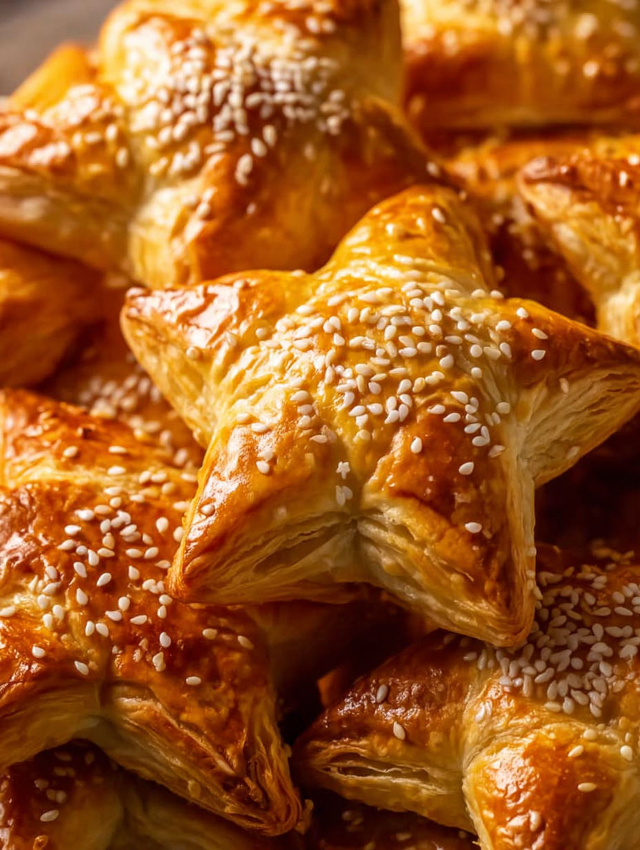A pile of star-shaped pastries with sesame seeds on top.