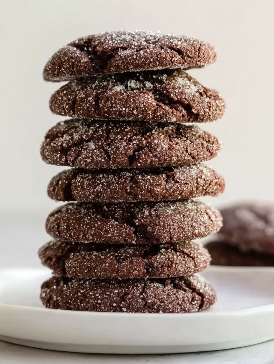A stack of chocolate cookies with powdered sugar on top.