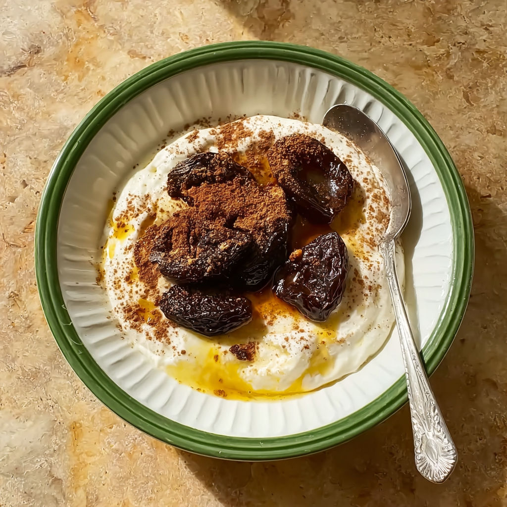 A bowl of yogurt with raisins and honey.