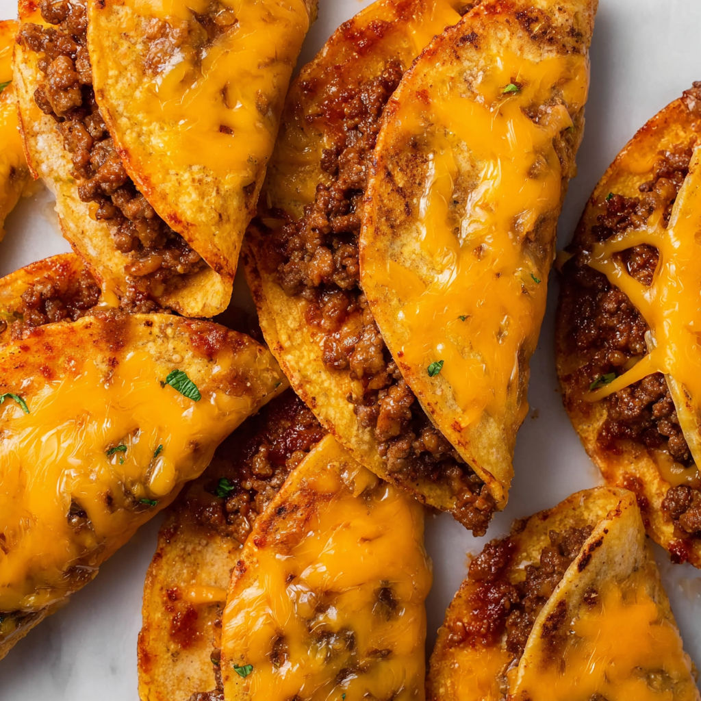 A close up of a delicious looking cheese and meat filled taco.