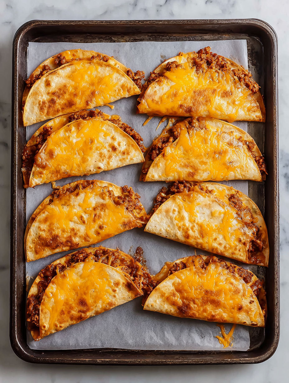 A pan of tacos with cheese and meat on it.