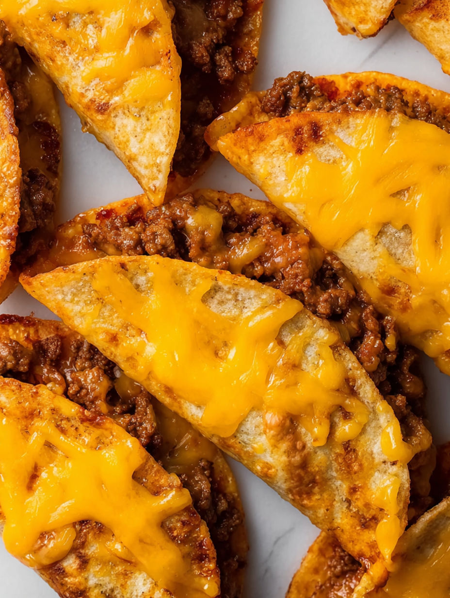 A plate of tacos with cheese and meat on it.