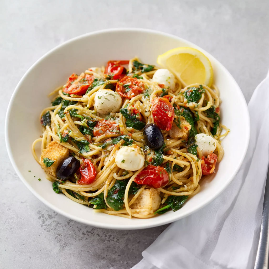 A bowl of pasta with tomatoes, olives, and feta cheese.
