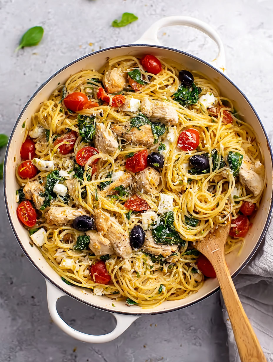 A one-pot pasta dish with chicken and feta.