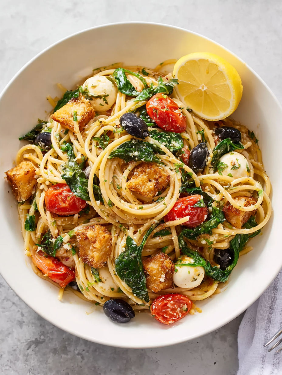A bowl of pasta with tomatoes, olives, and chicken.