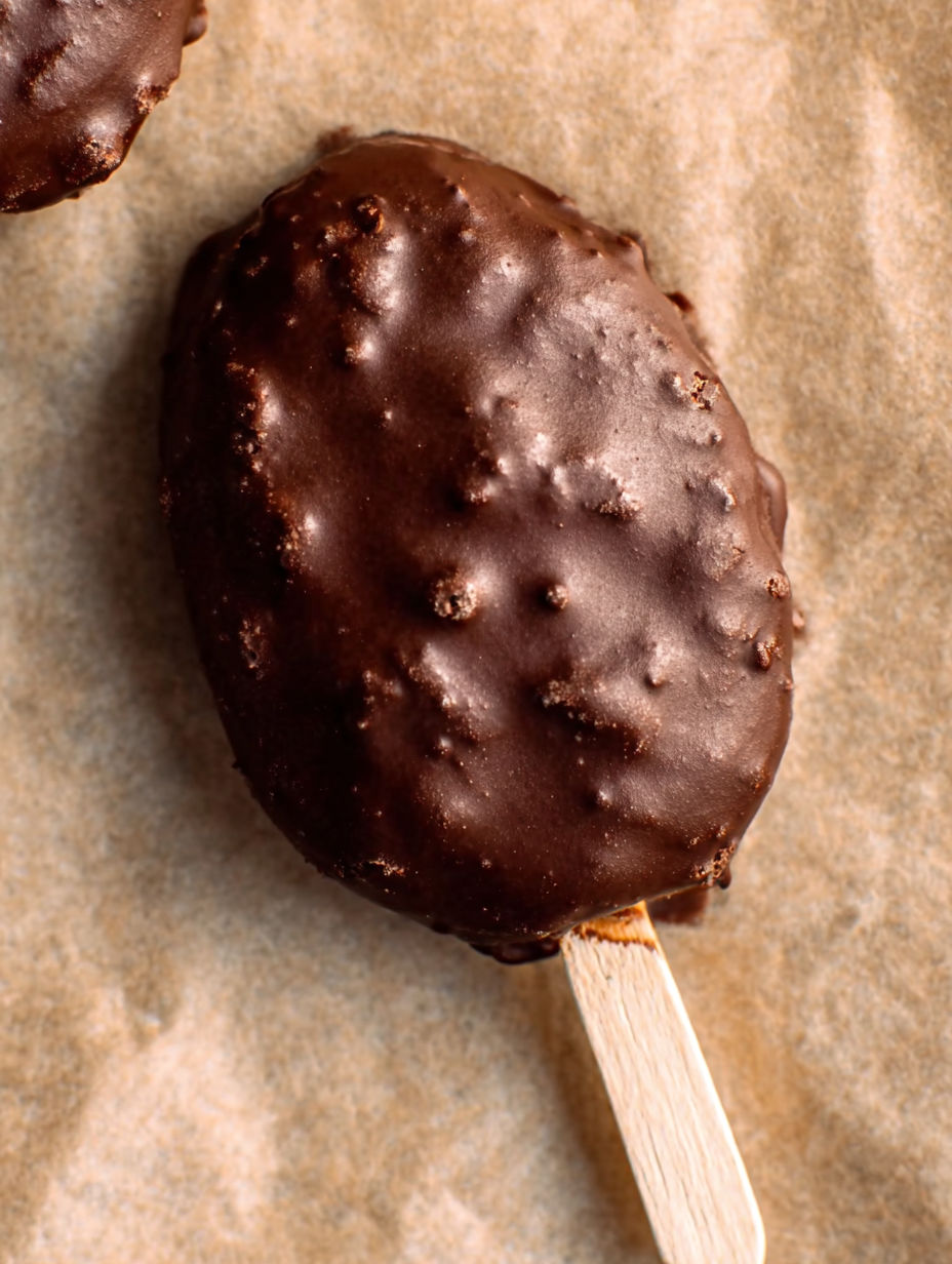 A chocolate bar with a wooden stick.