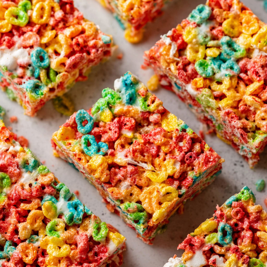 A close up of a Fruity Pebbles Rice Krispie Treat.