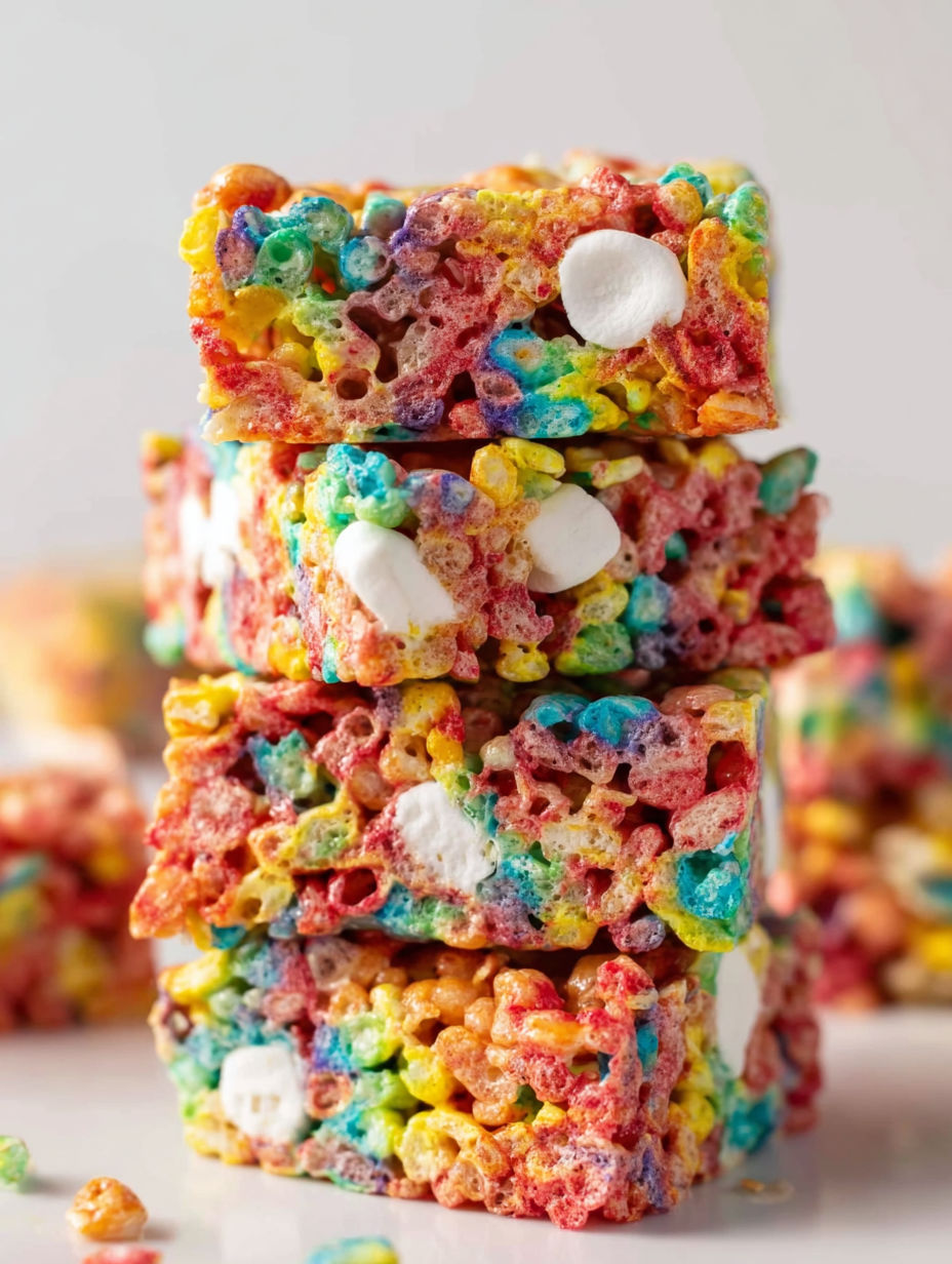 A stack of Fruity Pebbles Rice Krispie Treats.