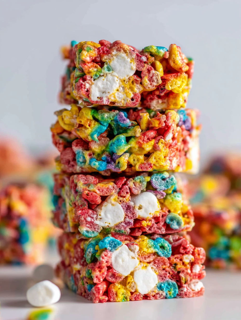 A stack of Fruity Pebbles Rice Krispie Treats.