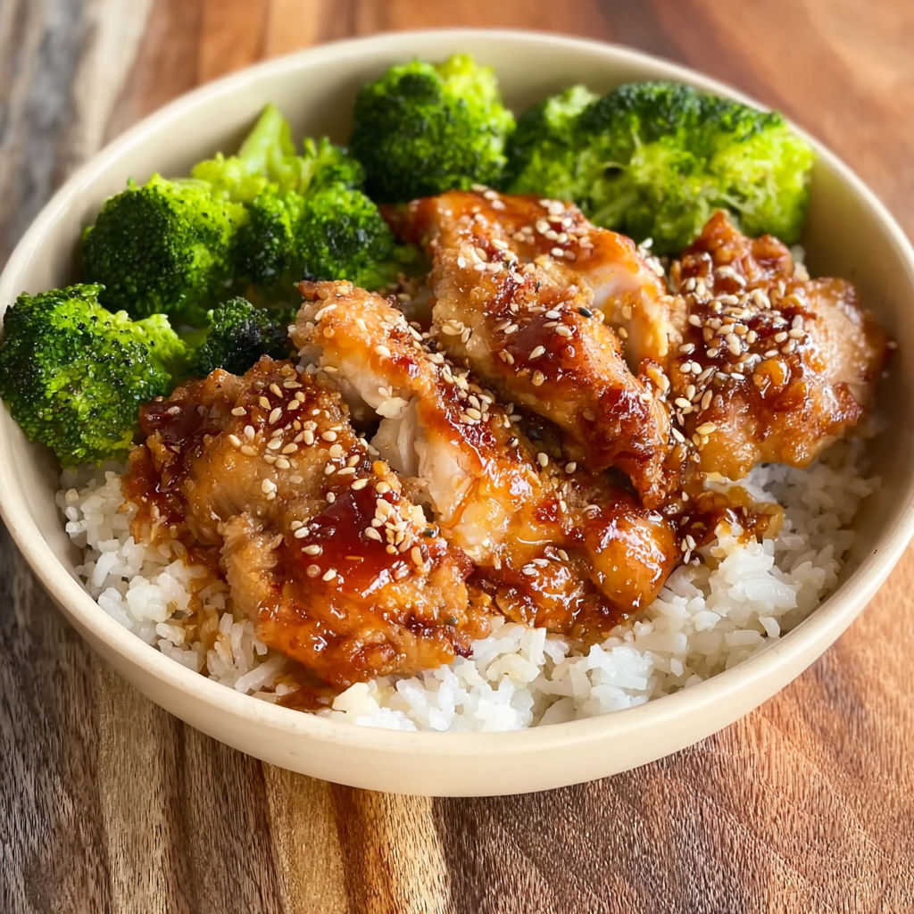 A bowl of rice with chicken and broccoli.