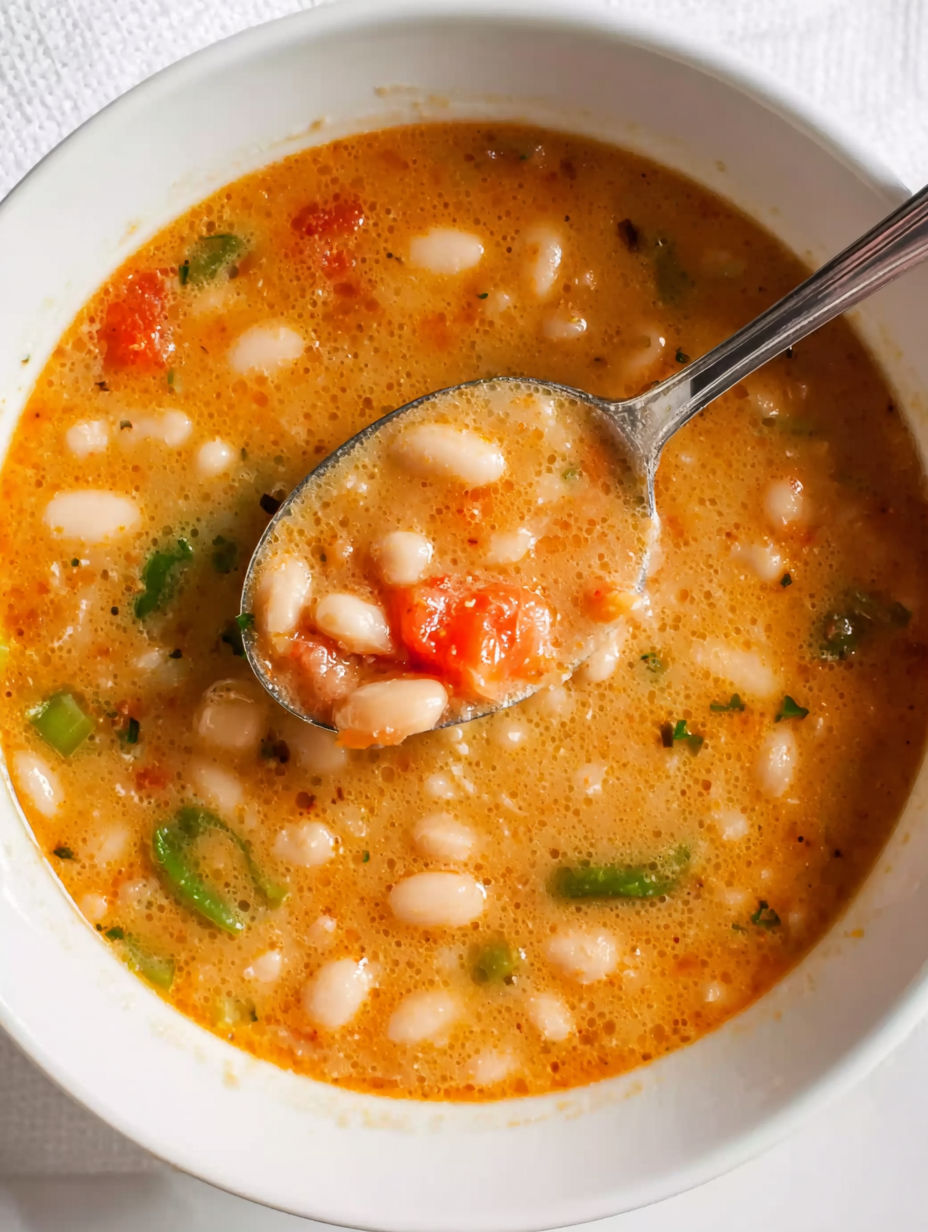 A spoon in a bowl of soup.