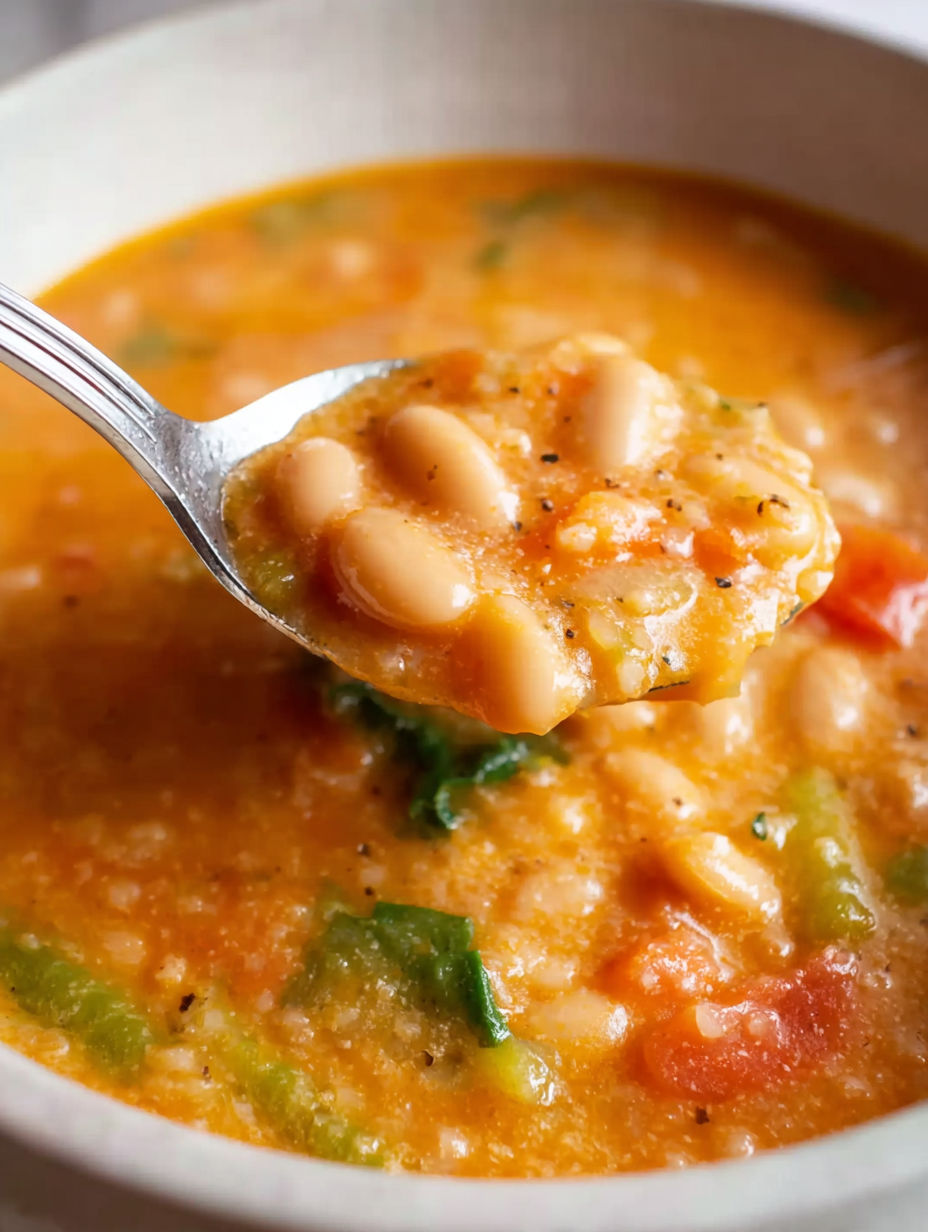 A spoon is in a bowl of soup.