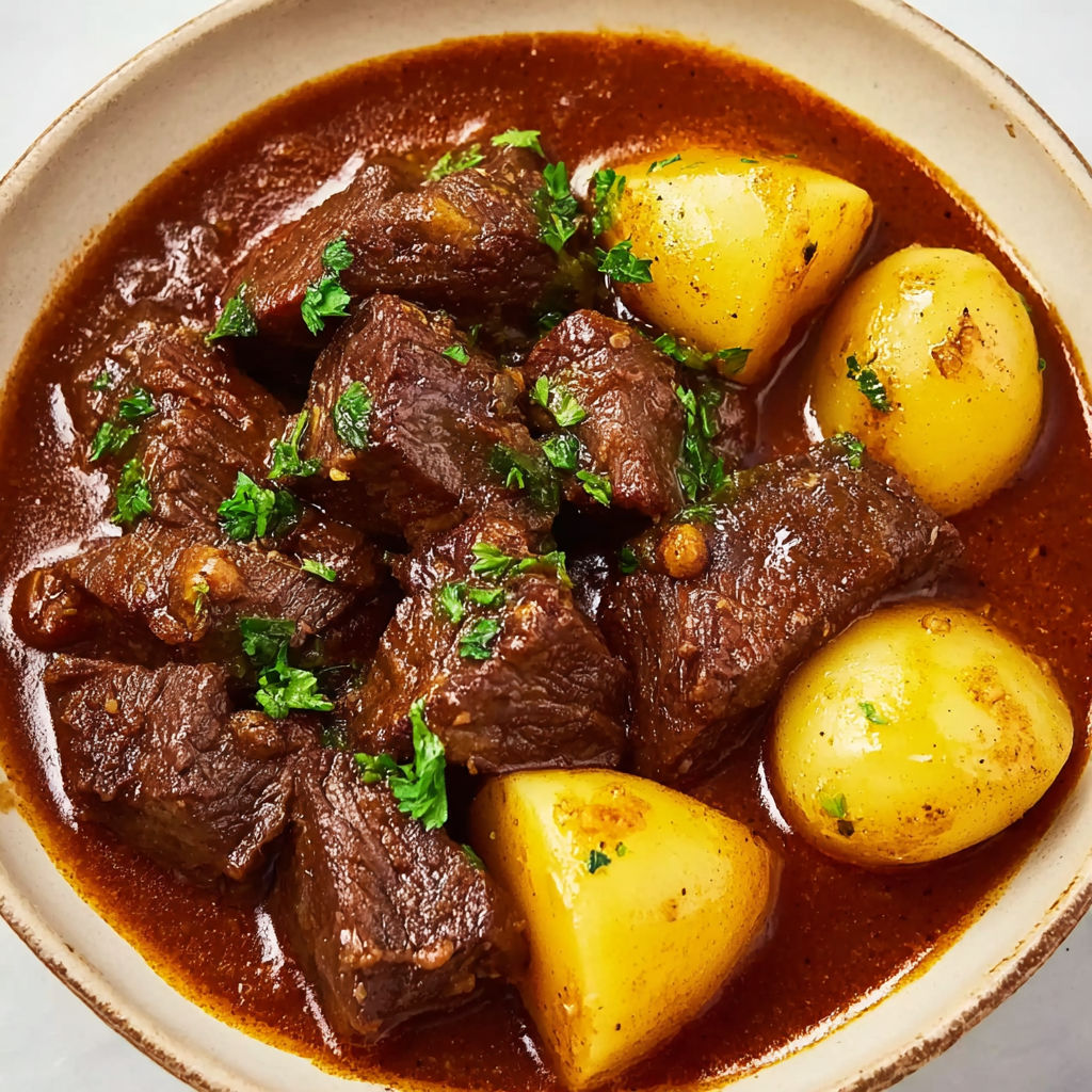 A bowl of beef stew with potatoes.