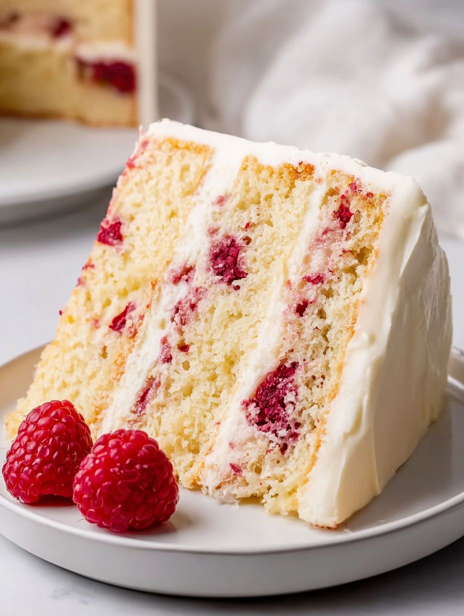 A slice of cake with white frosting and red raspberries on top.