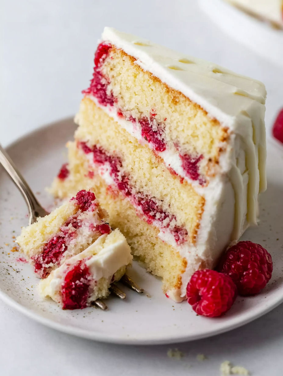 A slice of cake with white frosting and red raspberries.