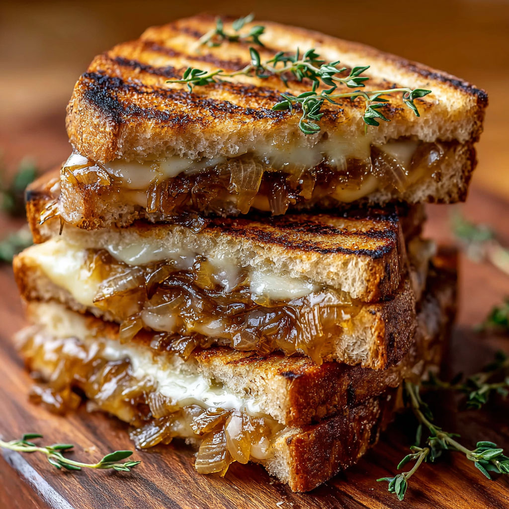 A stack of grilled cheese sandwiches with caramelized onions.