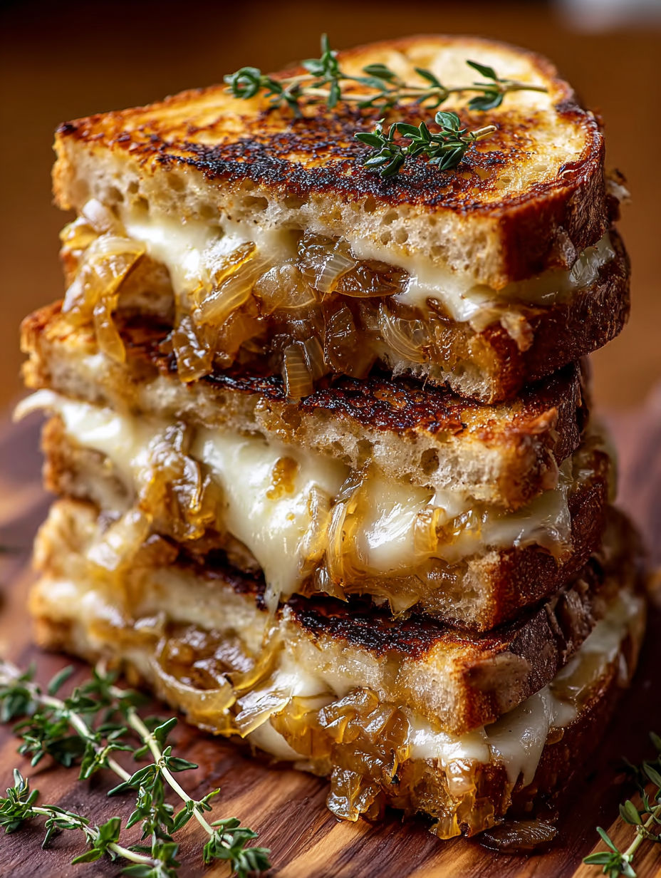 A stack of grilled cheese sandwiches with caramelized onions.