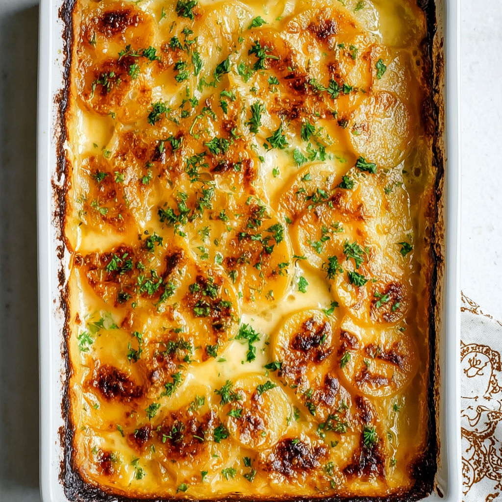 A dish of creme and cheese au gratin potatoes.