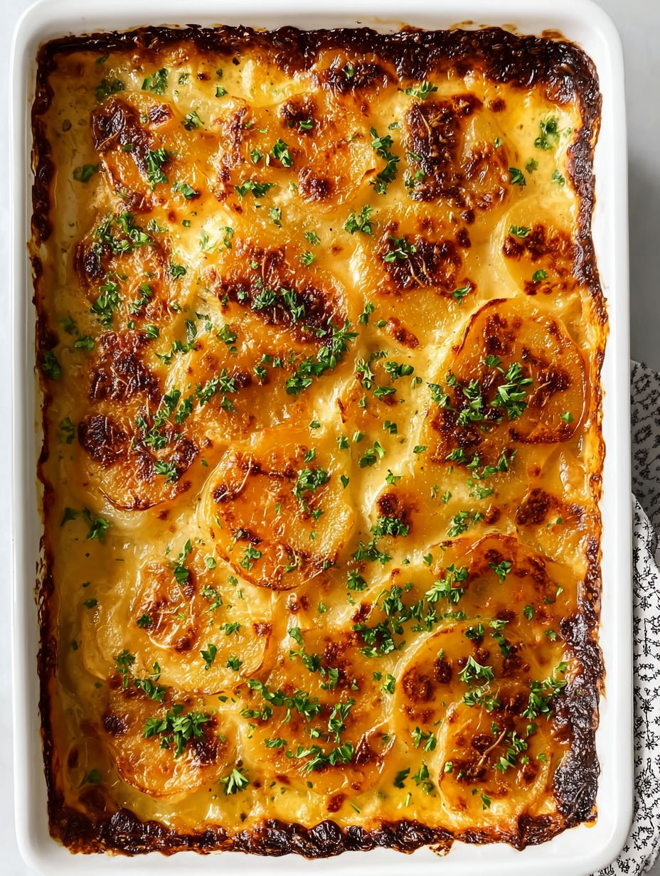 A dish of creamy and cheesy au gratin potatoes.