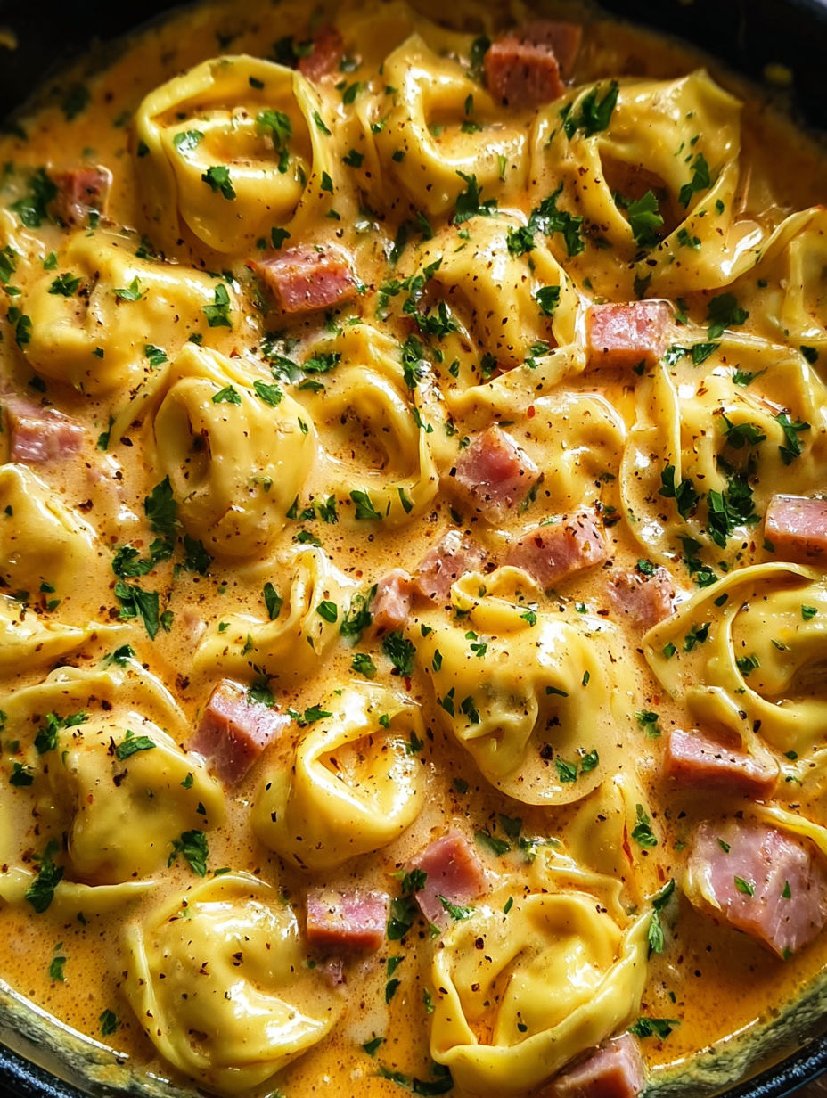 A dish of tortellini with ham and cheese sauce.
