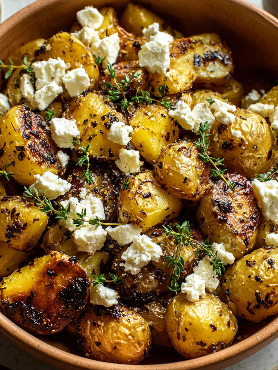 A bowl of fried potatoes with feta cheese.