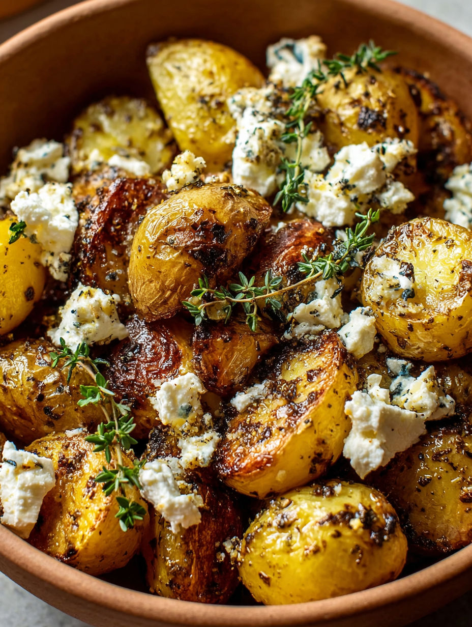 A bowl of fried potatoes with feta cheese.