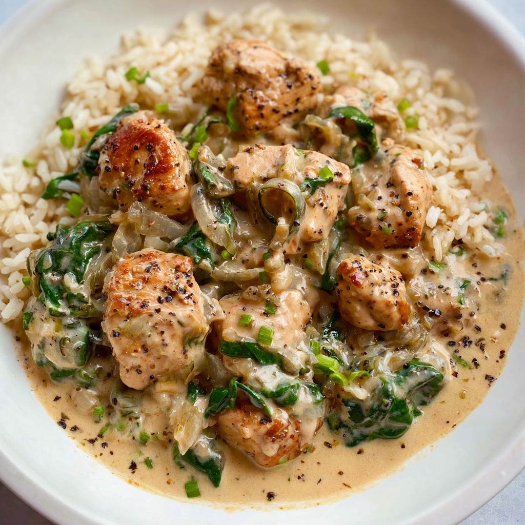 A bowl of rice with chicken and basil.