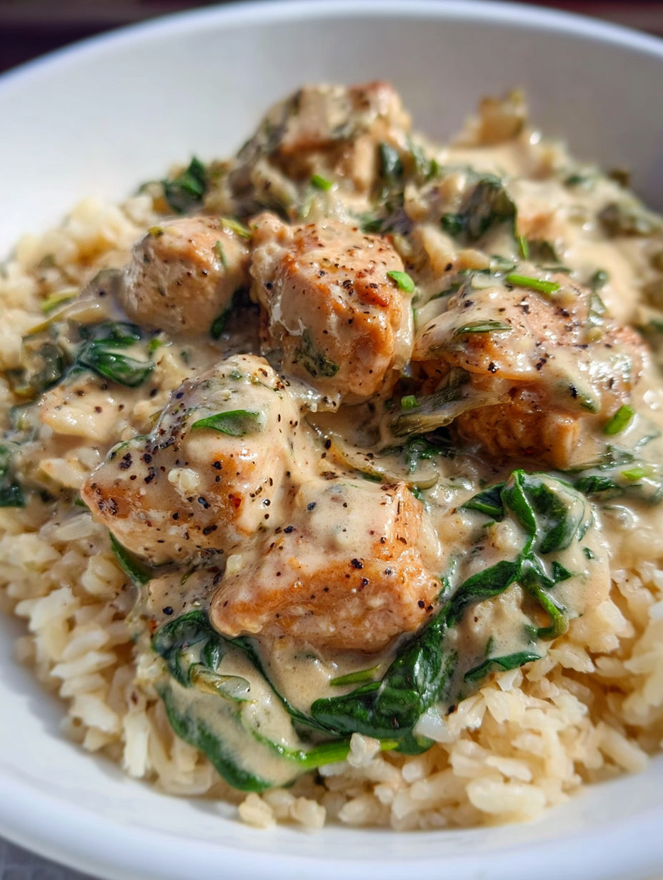 A plate of rice with chicken and basil.
