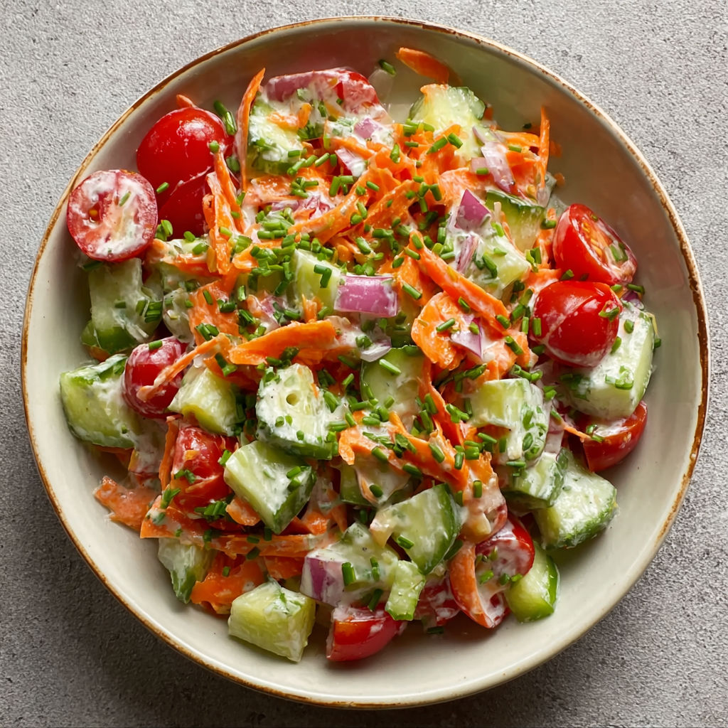 A bowl of vegetables with a dressing.