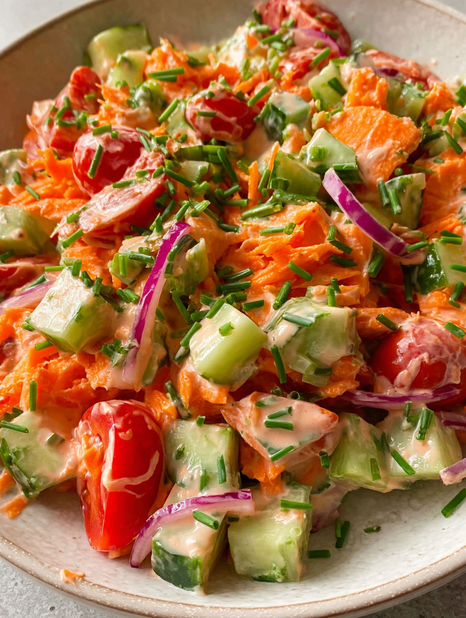 A salad with carrots and cucumbers.