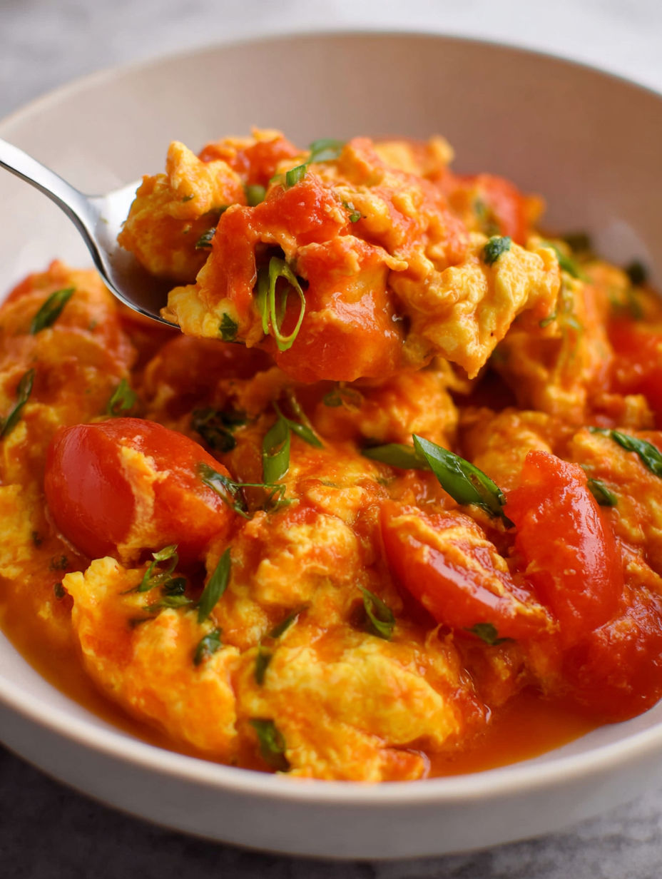 A bowl of Chinese egg and tomato dish.