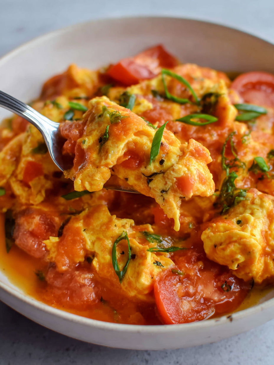 A bowl of Chinese eggplant with tomatoes.