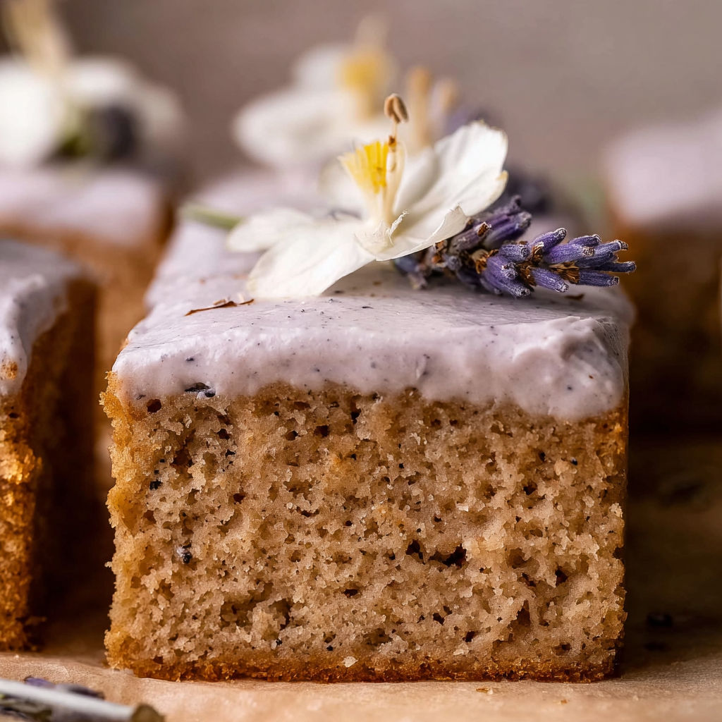 A slice of London Fog Cake with white flowers on top.