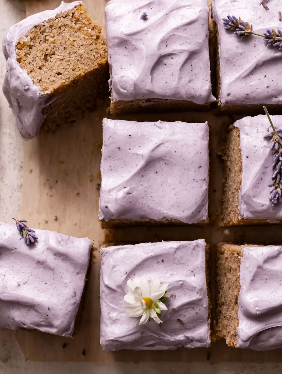 A slice of London Fog cake with lavender and white flowers.