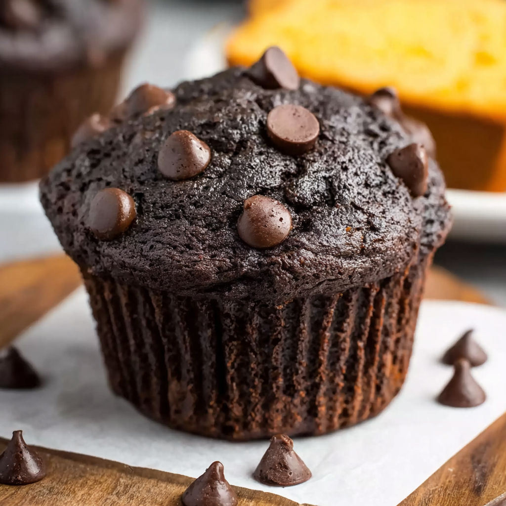 A close up of a double chocolate chip muffin.