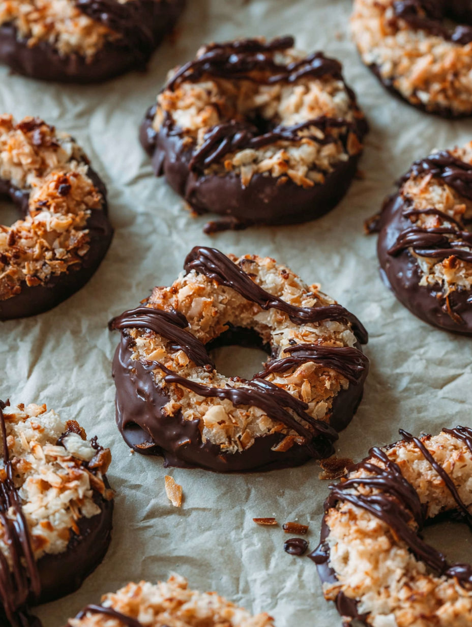 A plate of chocolate covered Samoas cookies.
