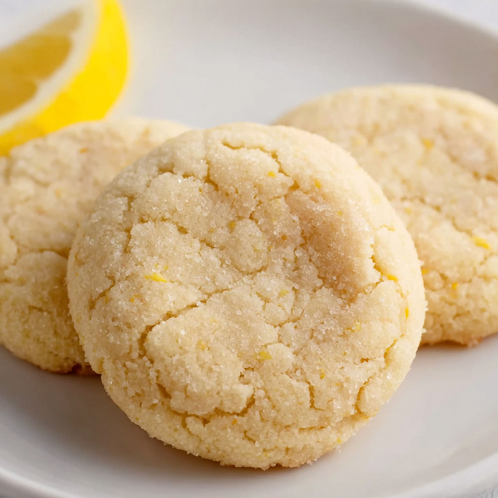 Three cookies on a plate with a lemon wedge.