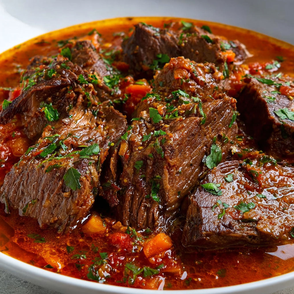 A plate of meat with green herbs on top.