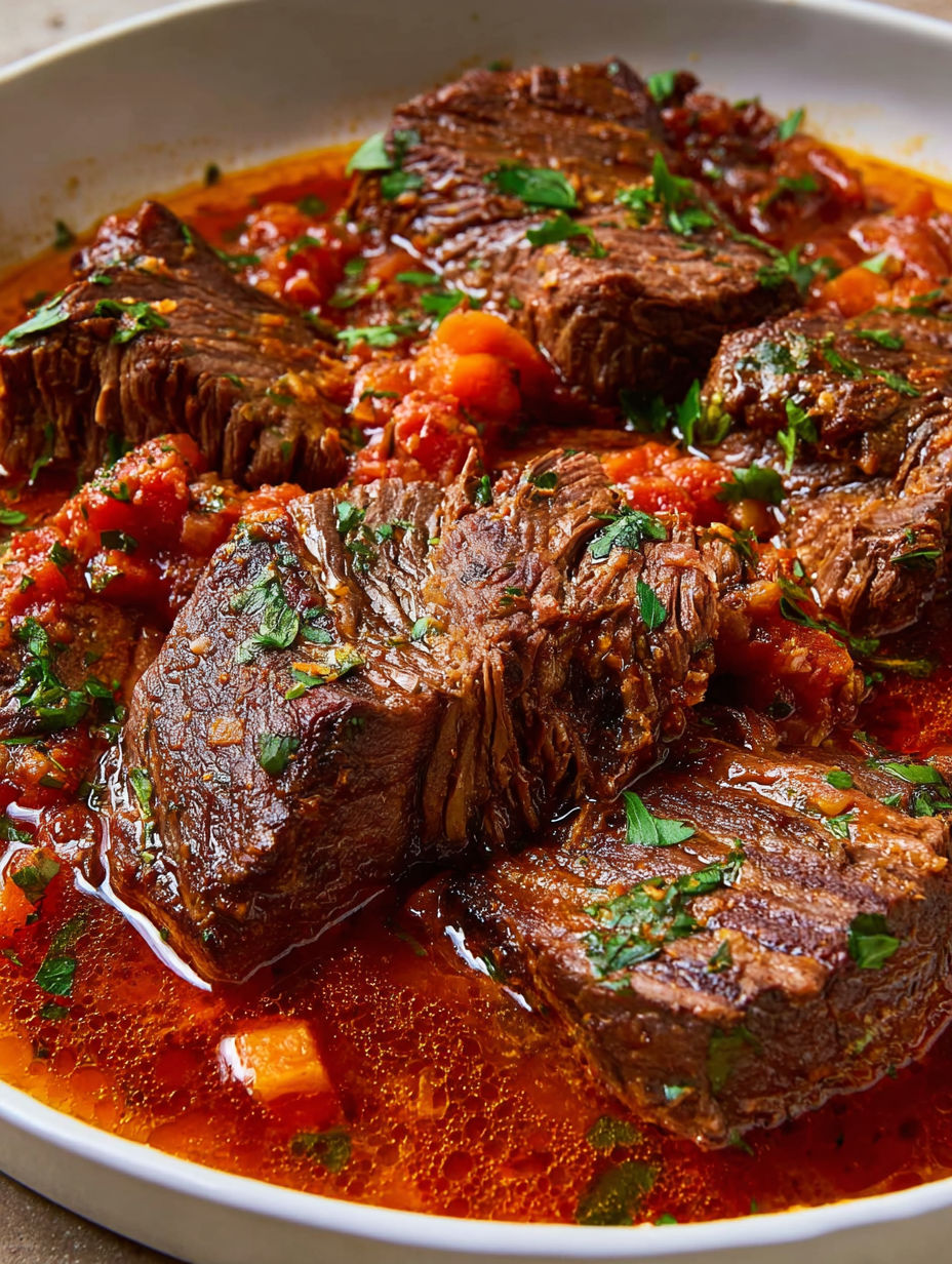 A close up of a piece of meat in a red sauce.