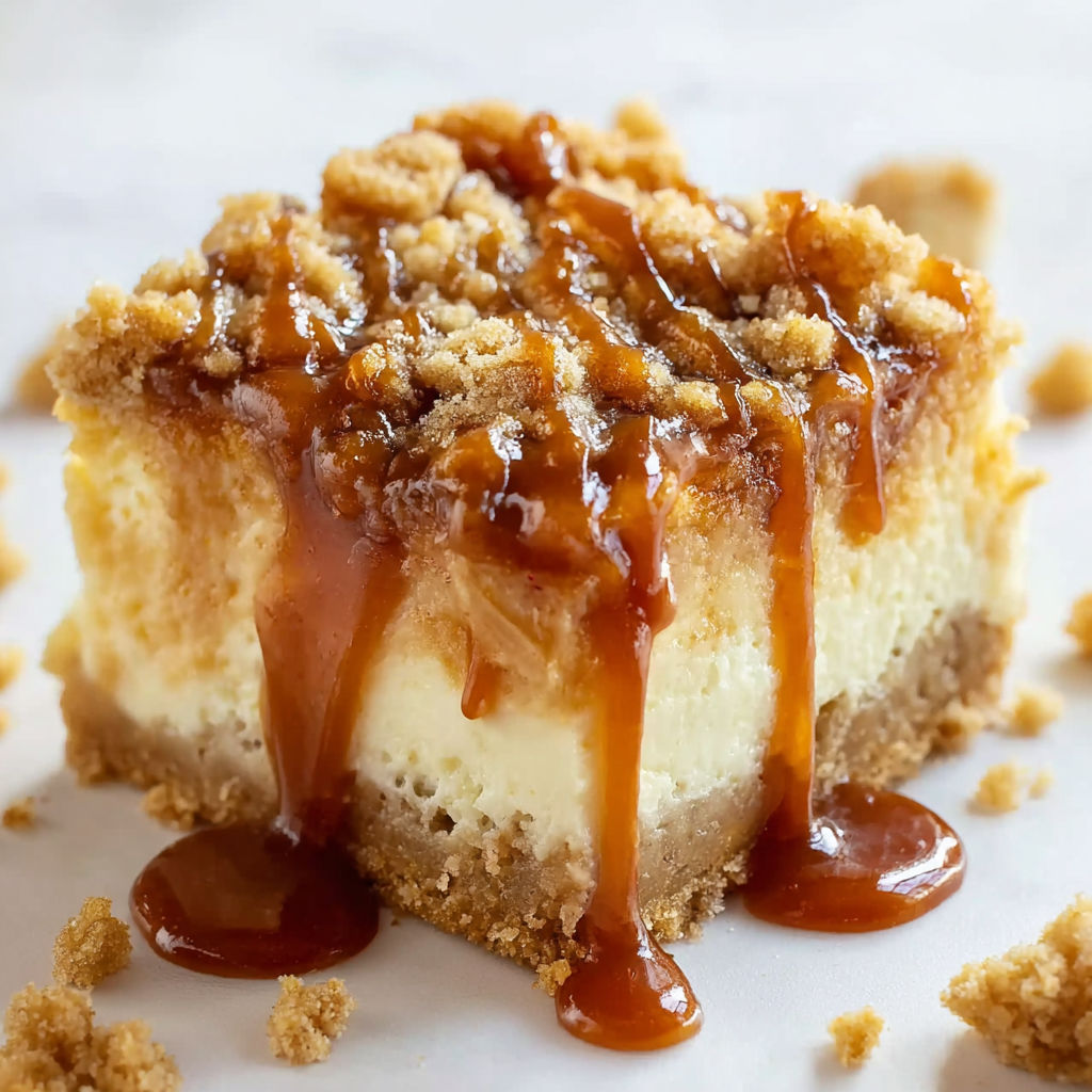 A slice of caramel apple cheesecake bars.