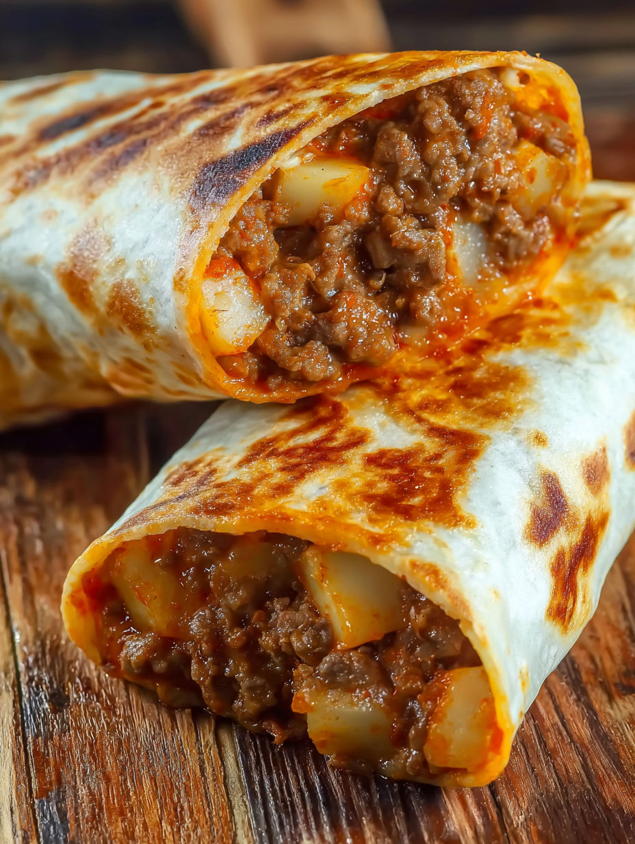 Two cheesy beef potato burritos.
