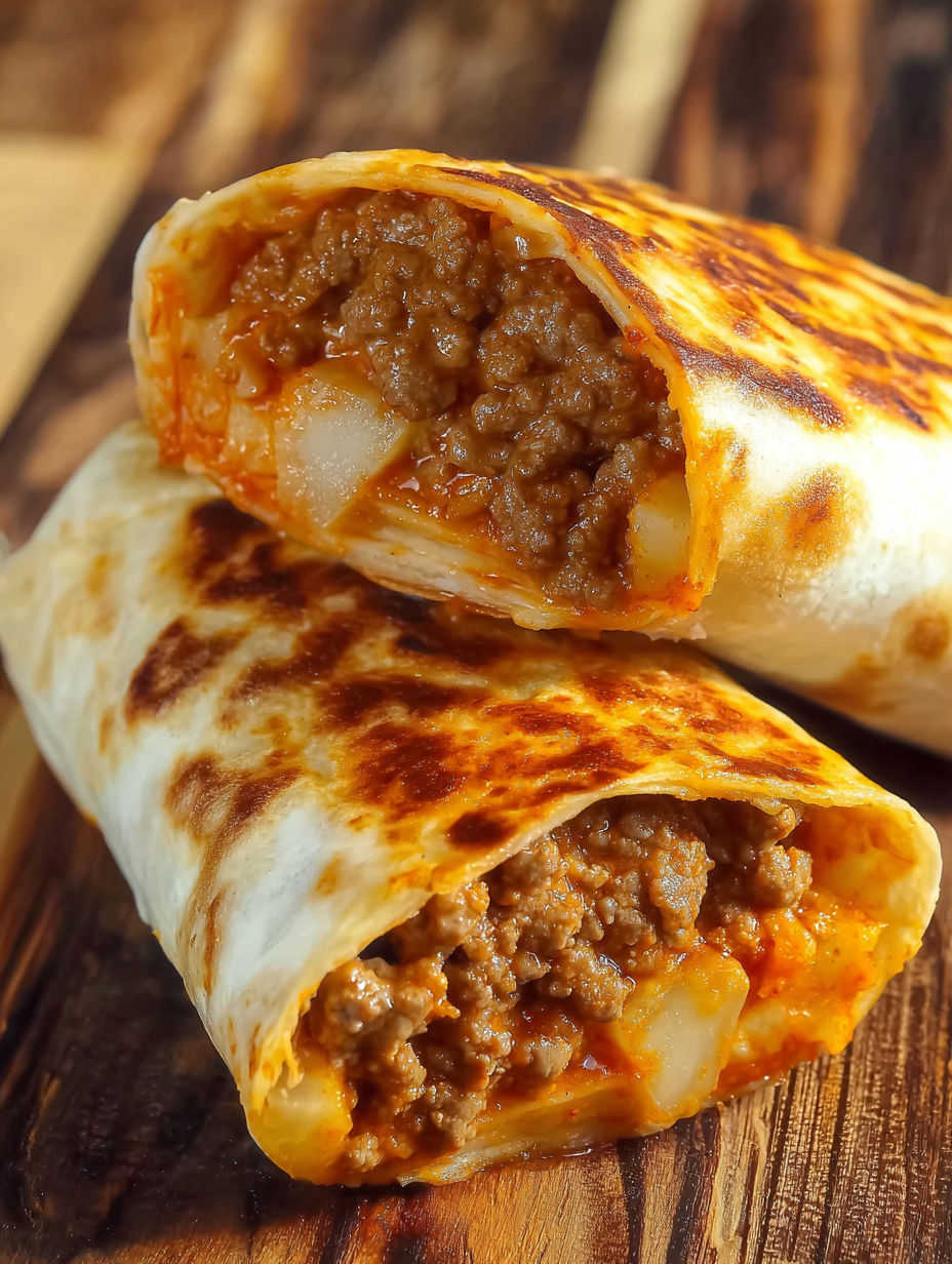 Two cheesy beef potato burritos.