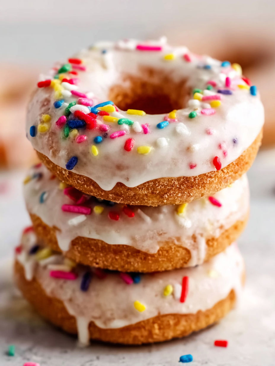 A stack of three donuts with white frosting and sprinkles.