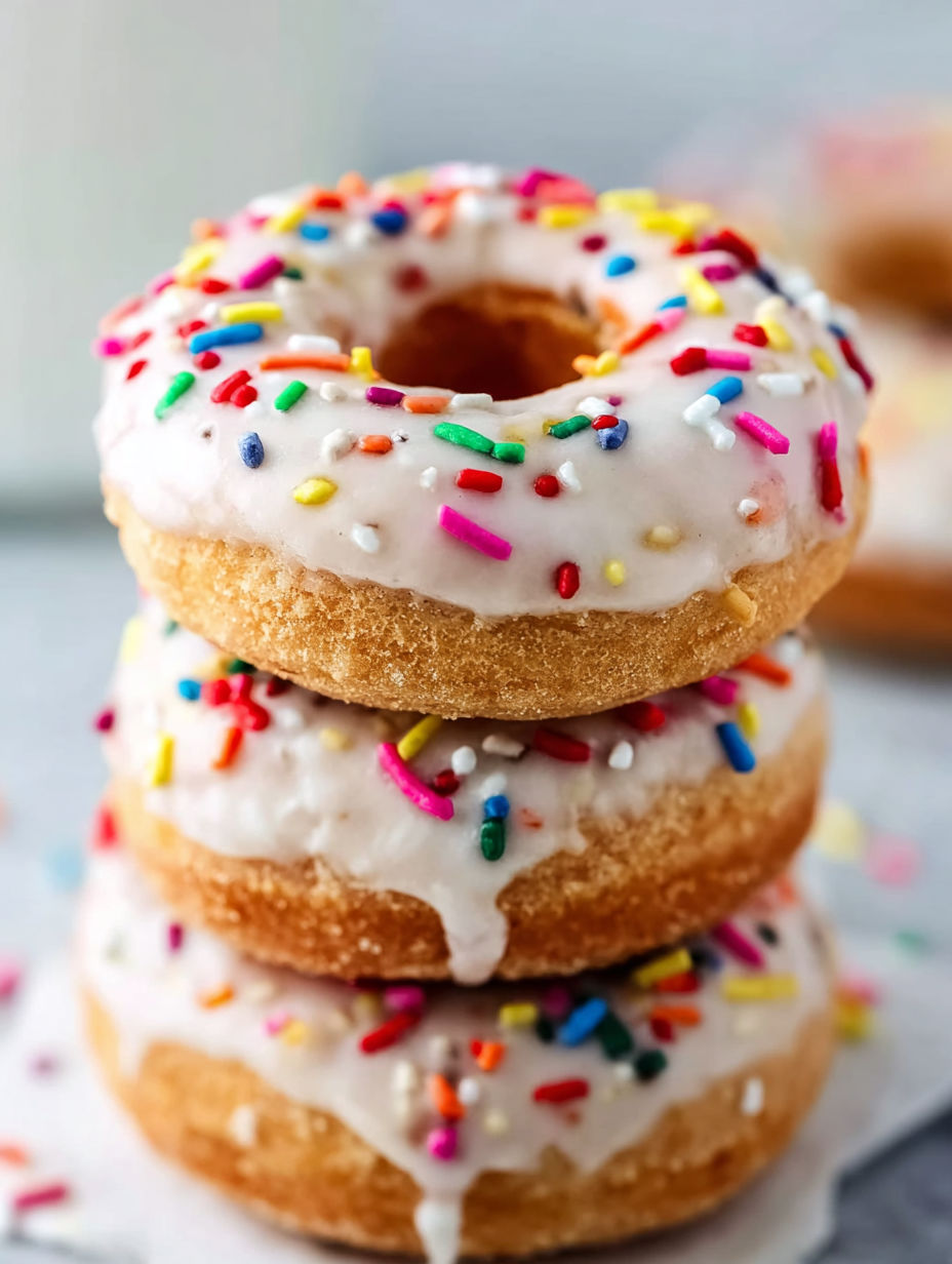 Three donuts stacked on top of each other.