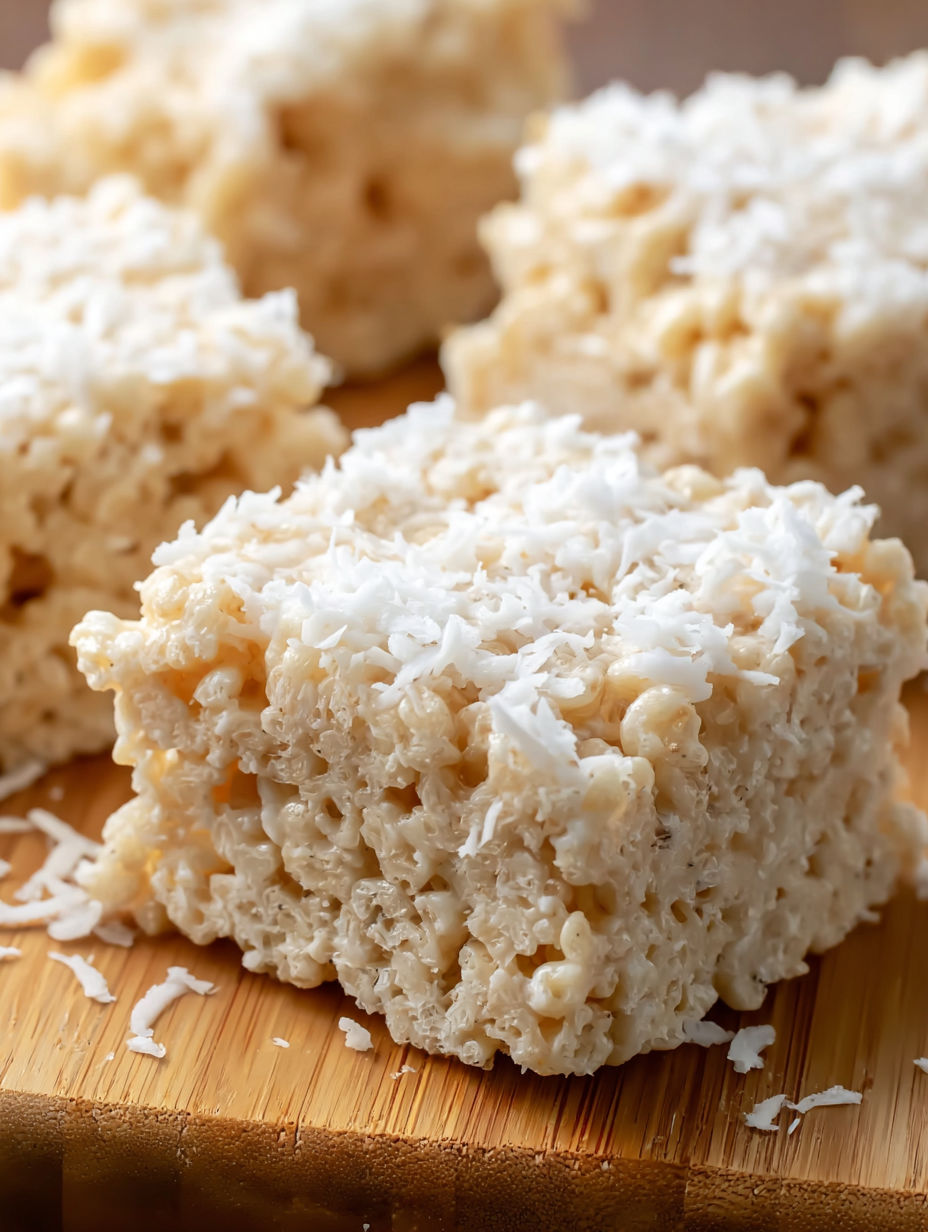 A close up of a dessert made with rice crispies and coconut.